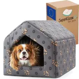SuperKissen24. Hundehütte Indoor - Hundebett - Hundebox für Kleine Mittlere und Große Hunde und Katzen - Wasserdicht Hundehöhle - Katzenhöhle - 50x64x45 cm - Pfoten Grau