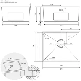 ML-Design Spülbecken Edelstahl 50x40 cm, Anthrazit, Eckig, 1 Becken, mit Ab- und Überlaufgarnitur, Einzelbecken Mit Siphon,