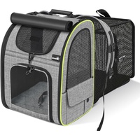 pecute Haustier Rucksack mit Netzfenster, Erweiterbarer Platz, Tragbare & Faltbare Katzentasche mit Vorhang Oben, Atmungsaktive Hundetasche, Wasserdichtes Oxford-Tuch, Ideal für Reisen, Grau L