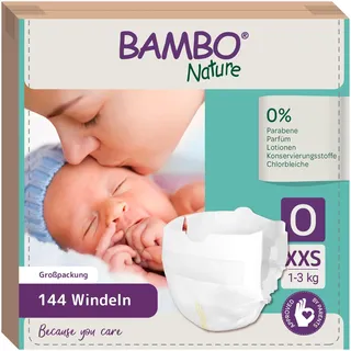 Bambo Nature Baby Windeln Größe 0 (1-3kg) 144 St. Monatsbox | Premium Diapers mit verbesserter Auslaufsicherheit | Ultimativer Komfort & Freiheit für Neugeborene | Dermatologisch getestete Nappies