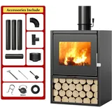 Batel Huh Kaminofen mit Keramikglasfenster Werkstattofen, Kamin Ofen Dauerbrandofen Hüttenofen Heizofen, Schwarz (Black), Holzofen, Geeignet für Hotel Gastfamilie Villa Café (Size:60x49x85cm)