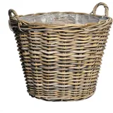 Spetebo - Rattan Pflanzkorb natur mit Henkeln - 42 cm - Weide Blumenkorb mit Folie - Garten Deko Flechtkorb Gartenkorb Weidenkorb Übertopf geflochten