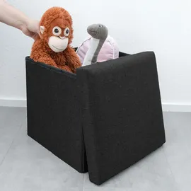 Intirilife Faltbarer Sitzhocker 38x38x38 cm in DIAMANT SCHWARZ - Sitzwürfel mit Stauraum und Deckel aus Stoff in Leinen Optik - Sitzcube Fußablage Aufbewahrungsbox Truhe Sitzbank