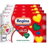 Regina mit Herzen 3-lagig, 32 Rollen-Packung (8 x 4 Einzelpackungen), 43 Blatt pro Rolle, Super saugfähig, Dick, Beständig, SC®-zertifiziertes Papier