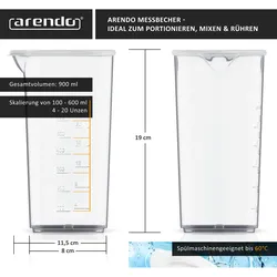 Arendo Messbecher 600ml ideal für elektrische Handmixer und Handrührer, Skalierung für Milliliter und Unzen, Transparent
