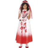 FIESTAS GUIRCA | Killer Braut Halloween Kostüm Kinder (7-9 Jahre) - Horror Film Kostüm für Karneval Fasching inkl. Blutiges Hochzeitskleid & Schleier - Killer Kostüm Kinder Halloween Mädchen Weiß Rot