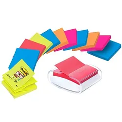 AKTION: Post-it® Super Sticky Z-Notes Bora Bora + Bangkok-Collection Haftnotizen-Set extrastark farbsortiert, 12 Blöcke + GRATIS Spender
