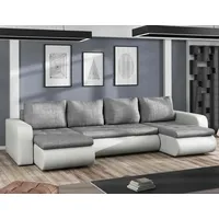 Easy4You Brooklyn Grau und Weiß Kunstleder Ecksofa U-Form 315 cm mit Schlaffunktion und Stauraum - Schlafsofa mit Bettkasten - Moderne Wohnzimmerm...