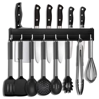Hängeleiste Küchenreling Hängeleiste mit 8 Beweglichen Haken für Kochzubehör Küchenuten, Küchenutensilienhalter, Aluminium Hängeleiste Küche, 49cm/19.3in