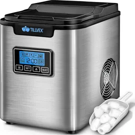 tillvex Eiswürfelmaschine Edelstahl Silber 12 kg - 24 h Eiswürfelbereiter mit Timer und 2,2 Liter Wassertank Ice-Maker LCD-Display | Selbstreinigungsfunktion