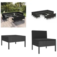 vidaXL 14 tlg. Garten Lounge Set mit Auflagen Poly Rattan Schwarz - Garten-Sofagarnitur - Garten-Sofagarnituren - Gartensofa-Set - Gartensofa-Sets - Schwarz