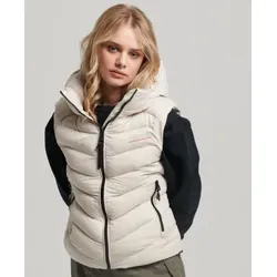 Superdry für Damen. W5011560A Steppweste aus Mikrofaser mit beiger Kapuze (XS), Lässig, Recyceltes Polyester, Nachhaltig