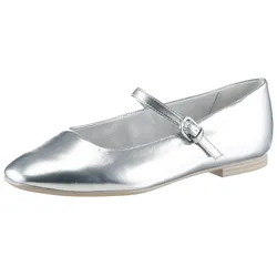Riemchenballerina TAMARIS, Damen, Gr. 36, silber (silberfarben), Lederimitat, unifarben, metallic, klassisch, Schuhe, Blockabsatz, Businessschuh, Flats in veganer Verarbeitung