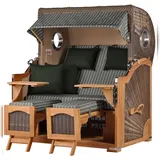 Mr. Deko bene,iving Strandkorb Komplettset Ammersee Grande XL Teak Bullauge PE grau Modell 504 inkl. Liftersystem Schutzhülle Doppelrollen Glasbecherhalter