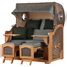 Mr. Deko bene,iving Strandkorb Komplettset Ammersee Grande XL Teak Bullauge PE grau Modell 504 inkl. Liftersystem Schutzhülle Doppelrollen Glasbecherhalter