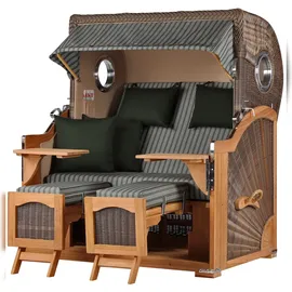 Mr. Deko bene,iving Strandkorb Komplettset Ammersee Grande XL Teak Bullauge PE grau Modell 504 inkl. Liftersystem Schutzhülle Doppelrollen Glasbecherhalter