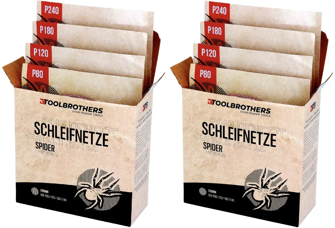 Toolbrothers SPIDER Schleifset Netz 150 mm 2 Packungen 80x Schleifnetze Klett je 20x P80 / P120 / P180 / P240 für Hartholz, Weichholz, Lack, Stein, Stahl, Aluminium, Furnier