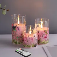 Eywamage Rosa Kolibri Blumen Glas Flammenlose Stumpenkerzen mit Fernbedienung, Flackernde LED Batterie Kerzen 3 Stück
