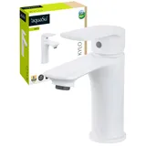 SANITOP-WINGENROTH aquaSu® Wasserhahn Bad Weiß, Waschtischarmatur mit Zugstange, Einhebelmischer für Waschbecken, Badarmatur mit Ablaufgarnitur, Mischbatterie mit Wassersparmischdüse, Messingkern, werkzeuglose Montage