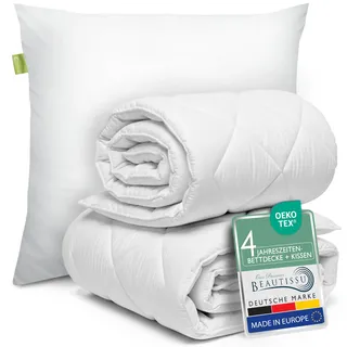 Beautissu Bettdecke und Kissen Set – 4 Jahreszeiten Bettdecke 135x200 & Kopfkissen 80x80 – Allergiker Ganzjahresdecke & Steppdecke Decke 135x200 Schlafdecke – BeauNuit JD & NK