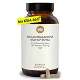 SUNDAY NATURAL® Bio Ashwagandha Kapseln - Premiumrohstoff KSM-66® – 180 Kapseln - 1.000mg Wurzelextrakt mit 50mg Withanoliden (5%) pro Tagesdosis – Ashwaganda aus Indien