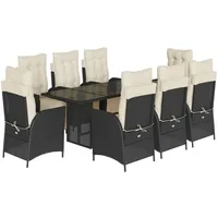 VidaXL 9-tlg. Garten-Essgruppe mit Kissen Schwarz Poly Rattan