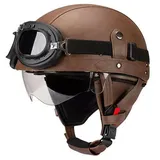 Vintage Deutsch Leder Motorrad Halbhelm, ECE-geprüft Männer Frauen Halbschalenhelme mit Schutzbrille und Visier, Retro Offener Schutzhelm für Fahrrad Cruiser Scooter Chopper