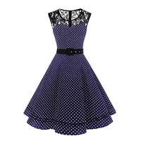 AXOE Damen Rockabilly Kleid 50er Jahre Vintage Festlich Elegant Gürtel Marineblau mit Weiß Gepunktetes, Gr.40, L - L