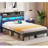 MSMASK Metallbett mit LED Beleuchtung & Ladestation, Kinderbett Jugendbett (1-tlg., Ohne Matratze), Bettgestell 140x200cm schwarz 140 cm x 215 cm x 102 cm
