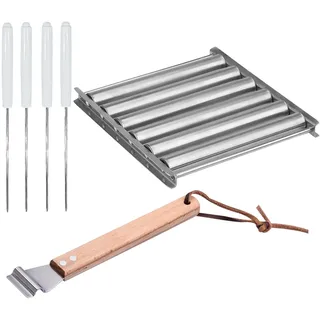Wurstwalze Grill mit Holzgriff, Hotdog Roller Wurst Roller für Grill, Edelstahl, Wurstroller, 6 Rollen für 5 Hot Dogs, Anti-Verbrennung, gleichmäßig erhitzen