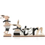COM-FOUR® 2-teiliges Set Oster-Deko aus Holz - Aufsteller mit Schriftzug und Osterhase - Holz-Deko für Ostern zum Hinstellen (2 Stück - Hellbraun)