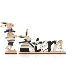 COM-FOUR® 2-teiliges Set Oster-Deko aus Holz - Aufsteller mit Schriftzug und Osterhase - Holz-Deko für Ostern zum Hinstellen (2 Stück - Hellbraun)