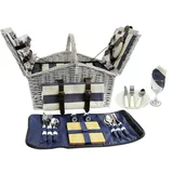 HappyPicnic Huntsman Picknickkorb aus Weiden für 4 Personen mit Doppel-Deckel und Kühlfach, Picknickset mit Decke, Besteck (Marineblaue Streifen)