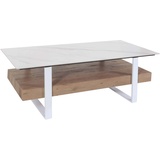 Mendler Couchtisch HWC-L88, Wohnzimmertisch Tisch, Ablage Eisen 43x120x60cm Sinterstein Marmor-Optik weiß Holz natur