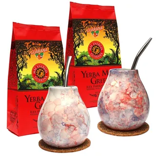 Mate Green Yerba Set for Two 400 g of Mate Tea, Beautiful Ceramic Cup Caleidoscope 400 ml | Mate Tee mit Guarana | Coffee Alternative | 500 g