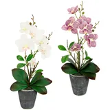 Flair Flower Kunstblumen Orchidee 40cm mit Blätter im Topf Kunstorchidee Künstliche Orchidee Blume Phalaenopsis mit Übertopf Kunstpflanze Hochzeit Deko Seidenblume Real Touch Blüte, rosa/weiß