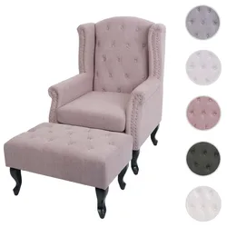 Sessel Chesterfield, Relaxsessel Clubsessel Ohrensessel, wasserabweisend Stoff/Textil ~ hellrosa mit Ottomane