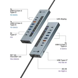 Icy Box IB-HUB1742CR-C2PD 11-in-1 HUB mit PD, Ports und Cardreader, USB 3.2 Gen 2 (10 Gbit/s), 3X USB-A (5 Gbit/s), 100 W SD/microSD UHS-I,