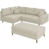 s-style möbel Ecksofa mit Schlaffunktion und Hocker mit Braun Holzfüßen im skandinavischen Stil aus Beige Cord-Stoff