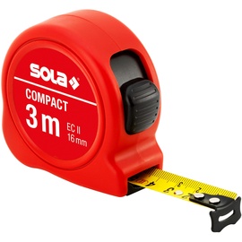 Sola Bandmaß - COMPACT - 3m / 16mm - Taschenbandmaß mit Gürtelclip - Stahlband, gelb lackiert mit mm Skala - Genauigkeitsklasse II - Rollmeter mit beweglichem Endhaken - Metermaß Länge - 3m/16mm