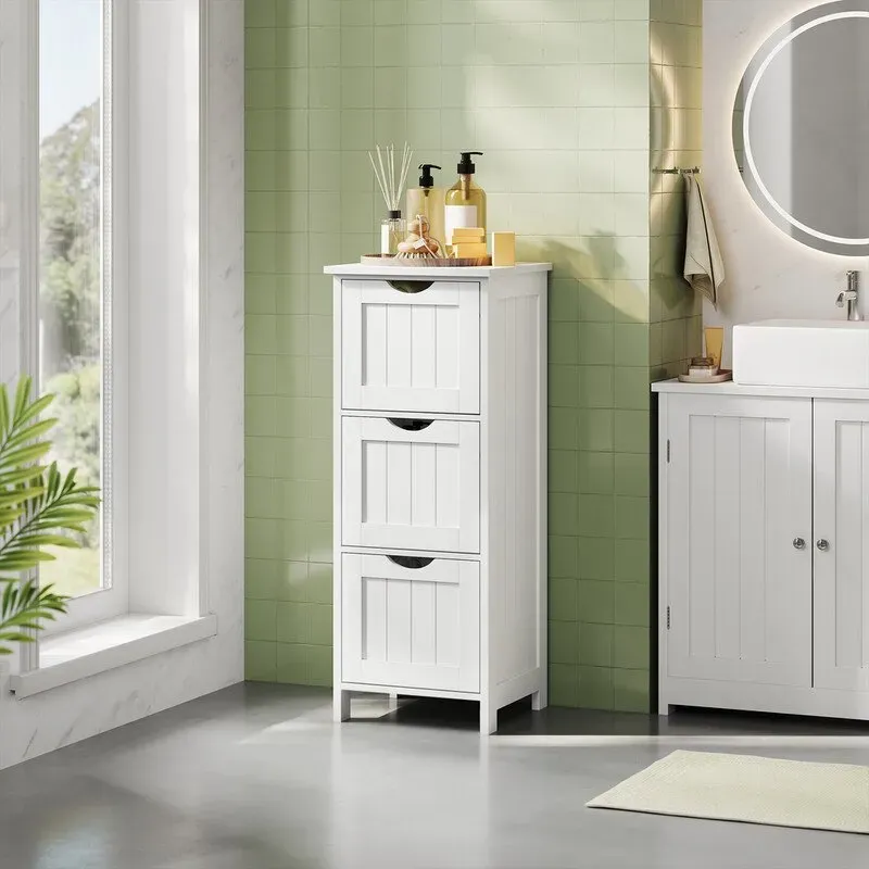 WOLTU Badezimmerschrank mit 3 Schubladen, Schmaler Eckschrank für Küche und Schlafzimmer, Nordischer Moderner Stil, Weiß, 32x30x81 cm