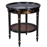Casa Padrino Luxus Barock Beistelltisch Schwarz / Gold Ø 48 x H. 53 cm - Runder Mahagoni Beistelltisch mit Glasplatte und chinesischen Verzierungen