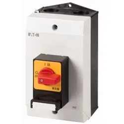 Eaton 207307 Panikschalter, P1, 25 A, Aufbau, 3-polig, mit rotem Knebel und gelbem Frontschild, Vorhängeschloss-Sperre SVC P1-25/I2/SVC(S)-RT