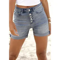 Buffalo Jeansshorts BUFFALO, Damen, Gr. 34, N-Gr, blau (blau, washed), Denim/Jeans, Obermaterial: 98% Baumwolle, 2% Elasthan, modisch, figurbetont ca. Mitte Oberschenkel, Jeans, in High-Waist-Form, Stretchanteil, Sommerhose, figurbetont, Topseller