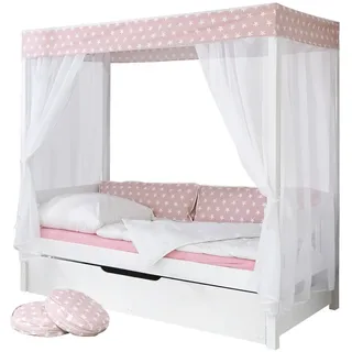 TICAA Himmelbett Lino 90 x 200 cm Kiefer weiß inkl. Zusatzbett stern-rosa