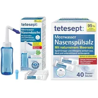 tetesept Meerwasser Nasendusche bei Schnupfen und Pollenallergie – Zur Nasenspülung Inkl. 4 Beutel Nasenspülsalz + Nasenspülsalz bei Schnupfen und Pollenallergie Geeignet zur Nasendusche – 40 Beutel