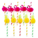 JZK 50 Stück Bunte Ananas Flamingo Hawaii Party Strohhalme biologisch abbaufähige Einweg-Trinkhalme für Tropische Party und Luau-Zubehör Dekorationen