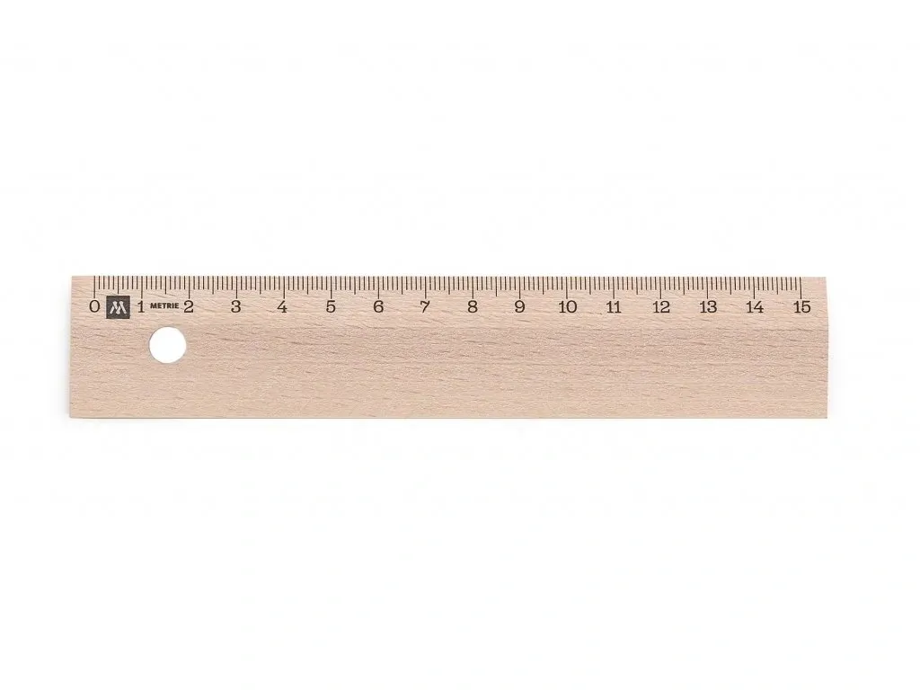 Metrie, Scholar-M15, Holzlineal, 2 abgeschrägte Kanten,beidseitige mm Skala, mit Aufhängebohrung, 15 cm abgeschrägte Kanten: einseitig - gelocht