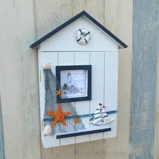 Egurs Schlüsselkasten Mediterraner Stil Schlüsselbox aus Holz Maritime Dekoration Schlüsselkasten Seagull Lighthouse Seestern Fish Shell Dekoration Wanddeko Hängedeko Schlüsselschrank Box 5#
