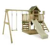 FATMOOSE Spielturm Klettergerüst JazzyJungle Jam XXL mit Schaukel & Rutsche, Outdoor Kinder Kletterturm mit Sandkasten Leiter & Spiel-Zubehör für den Garten (Salbeigrün)